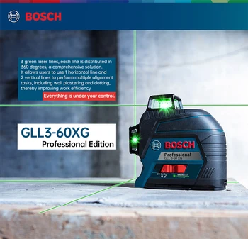 Bosch Lazeriniai Lygis 12 Linijos Žalia Linija Didelio Tikslumo vidaus ir Lauko Matavimo Priemonė Savaime išsilyginantis Žymeklis GLL3-60XG