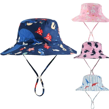 Bucket Hat Mergaitė Berniukas Vasaros Saulė Paplūdimyje Kvėpuojantis Rožinė Platus Kraštų String UV Apsauga Gyvūnai Lauko Aksesuaras Vaikai Atostogų