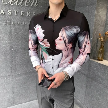 Camisa Socialinės Masculina Streetwear 2020 Vyrų Marškinėliai Britų Stiliaus Vyrų Ilgas Rankovėmis Marškinėliai Spausdinimas Korėjos Vyrų Atsitiktinis Marškinėliai Slim Fit