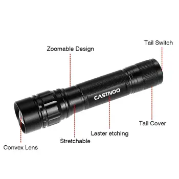 CASTNOO Ryškios Šviesos 2000LM 3 Rūšių Q5 Zoomable LED Žibintuvėlis Žibinto Lempa, Juoda jes 1x18650 laipiojimo, kempingas