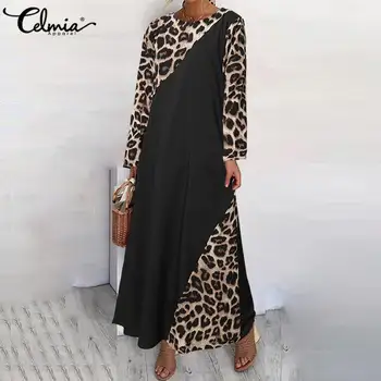 Celmia Vasaros Ilga Suknelė Moterims Bohemijos Leopardas Spausdinti Sundress ilgomis Rankovėmis Atsitiktinis Palaidų Maxi Plus Size Vestidos Sarafans 5XL