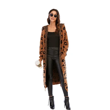 CGYY Moterų Leopardas Spausdinti ilgomis Rankovėmis Knittd Cardigan Atidaryti Priekiniai Rudens Žiemos Megztinis Outwear Kailis su Kišenėje
