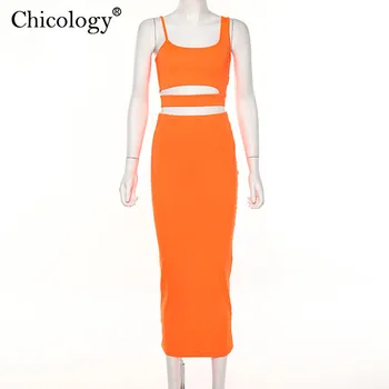 Chicology tuščiaviduriai iš pasėlių tank top aukštos juosmens midi sijonas 2 dviejų dalių atitikimo rinkinys 2019 m. rudenį, žiemą moterys šalis elegantiškus drabužius