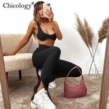 Chicology y2k mados 2 dviejų dalių atitikimo nustatyti pasėlių bako viršuje padalinta kelnės moterims seksualus streetwear 2020 m. rudenį žiemos drabužių komplektus