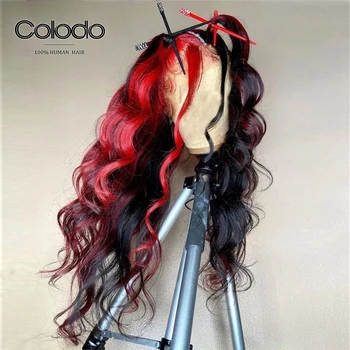 COLODO Juodas Akcentas Raudonos Spalvos Nėriniai Priekiniai Perukas Remy Brazilijos Žmogaus Plaukai Šviesūs Perukas Glueless Rudos spalvos Pianinas Perukai Juoda Moterų