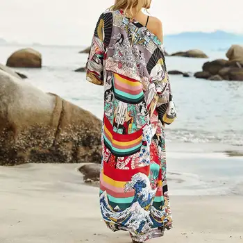 COOBBU Spausdinti Ilgos Suknelės Moterims Nėrinių Kaftan Suknelė Overized Skraiste Prarasti Pareo Bohemijos Paplūdimio Cover-Up