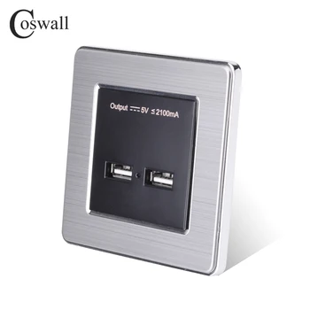 COSWALL Sienos kištukinis Lizdas, USB Dual Smart Indukcijos Įkrovimo lizdas Mobiliesiems 5V 2.1 Išvesties LED Indikatorius Nerūdijančio Plieno plokštė