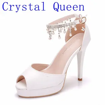 Crystal Karalienė Moterų Vestuvių Batai Kutas Vėjo Sagtis Sandalai 11CM Aukštakulnius Moterys Žuvies Burną Paltform Batai Banga Mažas Siurbliai