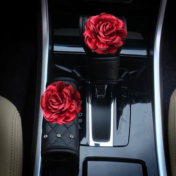Crystal Raudona Rožė Gėlių Automobilio rankinis Stabdis Padengti Pavarų Jungiklis Rankenos Padengti kalnų krištolas Oda Auto Automobilių Aksesuarų Mergaitėms