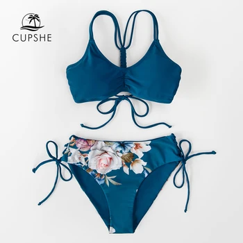 CUPSHE Grįžtamasis Apačioje Bikini Rinkiniai maudymosi kostiumėlis Moterims Seksualus Laivyno ir Gėlių Nėriniai-Up Dviejų dalių maudymosi Kostiumėliai, 2021 Paplūdimio Maudymosi Kostiumai