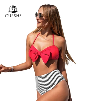 CUPSHE Raudona Juostele ir High Waisted Bikini Rinkiniai, Seksualus Lankas-mazgas Apynasrio maudymosi kostiumėlį Dviejų dalių maudymosi Kostiumėliai Moterims, 2021 Paplūdimio Maudymosi Kostiumai