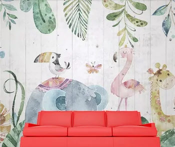 Custom freskos 3D tapetai ranka-dažytos miško gyvūnų medienos grūdų freskos vaikų kambario, miegamojo sofa-lova