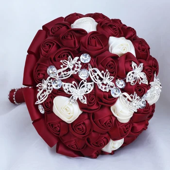 Custom Sidabro Juoda Satino Rožės, Gėlės, Vestuvių Puokštės de novia Kristalų Segė Nuotakos Dirbtinės Gėlės Laikymo Puokštė W2216