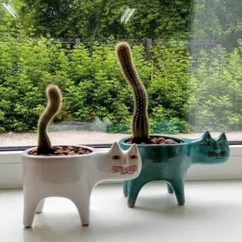 Cute Kačių Keramikos Sodo Gėlių Vazonai, Sultingi Sodinamoji Augalų Konteinerių Animacinių Filmų Gyvūnų Amatų Darbalaukio Papuošalai Namų Puošybai