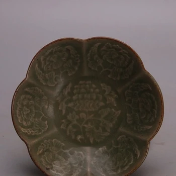 Daina Yaozhou krosnies, įstiklintas raižyti mėlyna gėlė lėkštes, seni antikvariniai atkasė senovės porceliano