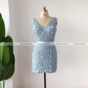 Dangus Mėlynas Trumpas Nėrinių Kokteilių Suknelė 2021 Seksualus V-Kaklo Backless Kelio Ilgis Suknelės, Šaliai, 3D Gėlės Puošnios Mergaičių Homecoming Suknelė