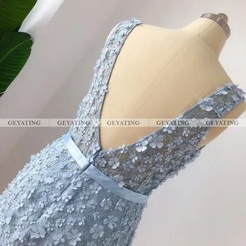 Dangus Mėlynas Trumpas Nėrinių Kokteilių Suknelė 2021 Seksualus V-Kaklo Backless Kelio Ilgis Suknelės, Šaliai, 3D Gėlės Puošnios Mergaičių Homecoming Suknelė