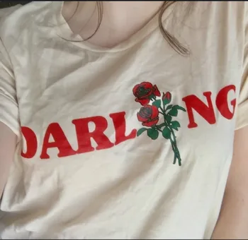 Darling Rožių Gėlių Spausdinti Moterų Saldus Marškinėlius Vasaros Medvilnės Atsitiktinis Viršūnes Lady Mergina Dovana Harajuku Hipster marškinėliai Moterims Naujas