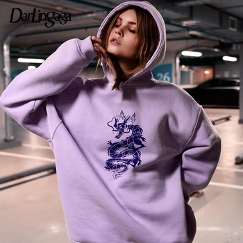 Darlingaga Streetwear Dragon Spausdinti Negabaritinių Hoodies Moterų Atsitiktinis Palaidų Ilgas Megztinis Kinų Stiliaus Rudens-Žiemos Drabužius Hoodie
