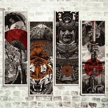 Derliaus Plakatas Japonų Samurajus Kimono Tigras Retro Šilko Fonai Sienų Dekoras Pav Nuotraukas Didžiulis Dydis