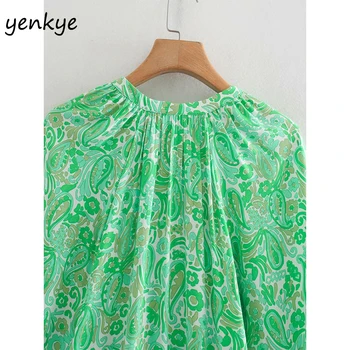 Derliaus Žalios Spalvos Gėlių Spausdinti Suknelė Moterims Apvalios Kaklo Žibintų Rankovės Atostogų Vasarą Šifono Suknelė Plius Dydis Vestido