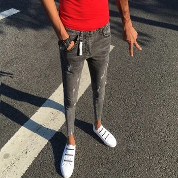 Didmeninė 2020 Mados Atsitiktinis hip-hop džinsinio gražus džinsai vyrų kojų korėjos liesas ruožas pilka vaikinas kulkšnies ilgis pieštuku kelnės