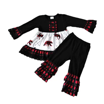 Didmeninė/mažmeninė mergina Kalėdų komplektai, kūdikių mergaitės hipster elnias ilgomis rankovėmis viršų ir juodos kelnės 2 vnt rinkiniai su nėriniais