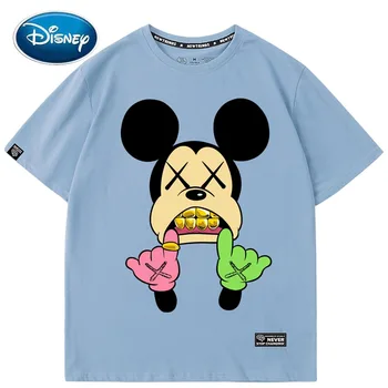 Disney Elegantiškos Mados Harajuku Mickey Mouse Animacinių Filmų Spausdinimo O-Kaklo Moterims, T-Marškinėliai, Unisex Porų Medvilnė Tee Trumpomis Rankovėmis Viršūnes 6 Spalvų