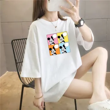 Disney Mickey Mouse T-marškinėliai Moterims Cartoon O-kaklo Mados Vasaros Prarasti Lady marškinėliai Topai korėjos Stiliaus Moteris Anime Lady T-shirts
