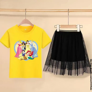 Disney Princesė Mergina Mielas Animacinių filmų Drabužių Rinkinys T-shirt + Tutu Sijonas Baby Vaikų animacinių filmų Topai Tee Tshirts Akies Nustatyti, Sijonai