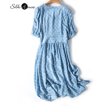 Dot Spaudinių Dangaus Mėlyno Šilko Suknelė Moterų Šilko Temperamentas V-kaklo prancūzijos Slim - line Suknelė Vasarai