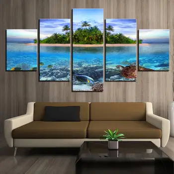 Drobė Paveikslų Sienos Menas 5 vnt Jūrų Gyvybės Atogrąžų Salos Nuotraukas, HD Spaudinių Jūros Vėžlių, Žuvų Palmių Plakatai Namų Dekoro