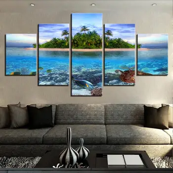Drobė Paveikslų Sienos Menas 5 vnt Jūrų Gyvybės Atogrąžų Salos Nuotraukas, HD Spaudinių Jūros Vėžlių, Žuvų Palmių Plakatai Namų Dekoro