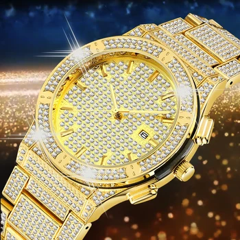 Dropship 18K aukso Kvarco Vyrai Žiūrėti Vaidmenį Pilna Deimantų, Mens Watches Hip-Hop Lediniame Iš Vyrų Laikrodis Laikrodis atsparus Vandeniui Relogio Naujas