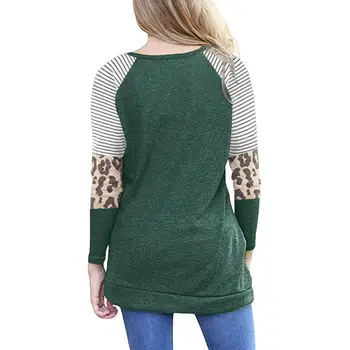 Dryžuotas Tees Atsitiktinis Puoštas Mygtuką Marškinėlius Leopard Print Long Rankovėmis Kratinys, T-Marškinėliai, Moteriški 2020 Naują Atvykimo Ilgai Top Marškinėliai