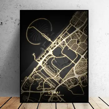 Dubajus Uniemiratesarab Juodos ir aukso Drobė Sienos Meno Žemėlapį Plakatas