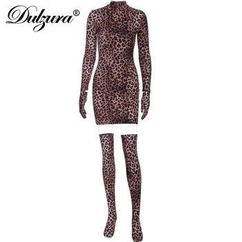 Dulzura leopard moterų mini suknelė su pirštines ir kojines ilgomis rankovėmis bodycon seksualus šalies 2019 metų rudens žiemos drabužių clubwear vakarienė