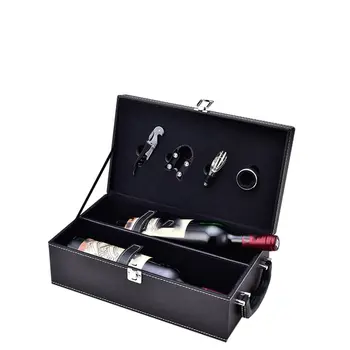 Dvigubo lazdą vyno dėžutė su butelio atidarytuvas dovanų dėžutė vyno dėžutė diamond pu odos vyno pakuotės dėžutė juoda rankena viršuje