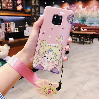 Dėl Samsung Note 10 plus atveju rožinė Sailor Moon telefono dangtelį galaxy note 8/9 shell + makiažo veidrodėliai dirželis s8/s9/s10 plius mergina dovana