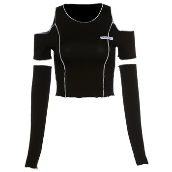 E-Mergina, Stilių Kratinys Black Marškinėliai Gotikos Tuščiaviduriai Iš Rankovės Y2k Apkarpyti Viršūnes Ruffles Hem Hip-Hop Streetwear Moterų Tees