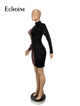 Echoine Moterų Rudenį Akių Pledas Kratinys Mini Suknelė Drabužių Mados Aukšto Kaklo, Ilgomis Rankovėmis Matyti Per Šalies Klubas Suknelės