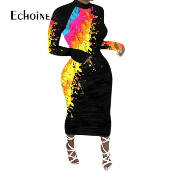 Echoine Moterų Spalvinga Tapyba Spausdinti Bodycon Midi Ilgio Suknelė Office Lady Klubas Naktį Seksualus Šalies Maxi Tvarstis Suknelės Vestidos