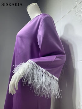 Eid Satino Maxi Suknelė Moterims Pavasario 2021 Violetinė Mados Plunksnų Lace V-Kaklo, ilgomis Rankovėmis Musulmonų arabų, turkų Drabužiai Nauji