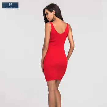 [EL BARCO] 2017 Naujas Giliai V Kaklo Seksualių Moterų Vasaros Suknelės Atsitiktinis Šukuotinės Medvilnės Slim Bodycon Juodas Raudonas Pieštukas Mini Suknelė Vestido