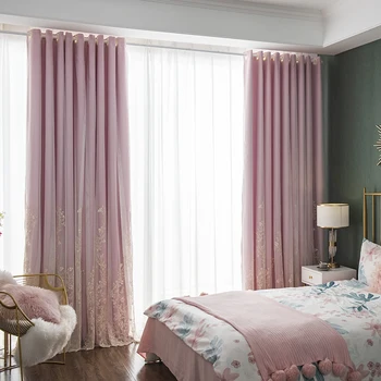 Elegancija Apdailos mėlyna rožinė smėlio spalvos tiulio+audinio užuolaidos kambarį, Romantiškas miegamasis lango užuolaidėlė 2 Sluoksnių
