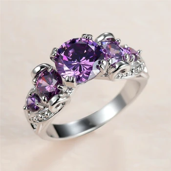 Elegantiška Moteriška Violetinė Crystal Akmens Žiedas Senovinių Sidabro Spalvos Vestuvių Žiedai, Moterų, Prabangos Nuotaka Turas Cirkonis Vestuvinis Žiedas