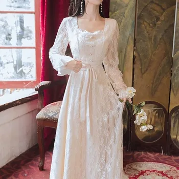 Elegantiškas Gėlių Suknele Moterys Vintage Retro Dizaineris Šalis Suknelė ilgomis Rankovėmis Raukiniai, Nėriniai Saldus Midi Suknelė Naują 2020 M. Moterų Rudenį