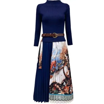 Elegantiškas Megztas Kratinys Plisuotos Midi Suknelė 2020 M. Rudenį, Žiemos Mada Moterims Ilgomis Rankovėmis Etninės Retro Spausdinimo Plisuotos Suknelė