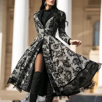 Elegantiškas moteris mygtuką long sleeve lace kratinys padalinta midi suknelė sukienka black, gothic suknelė 2020 m. rudenį suknelės moterims šalis