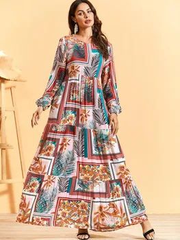 Elegantiškas Spausdinti Musulmonų Suknelė Moterims Vasaros Boho Plisuotos Vestidos Maroko Kaftan Islamo Drabužių, Turkija, jungtiniai arabų emyratai, Dubajus Musulman Abaja